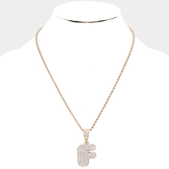 NEW‎ -F- Gold Bubble Initial Necklace Rhinestone Crystal - Picture 1 of 4